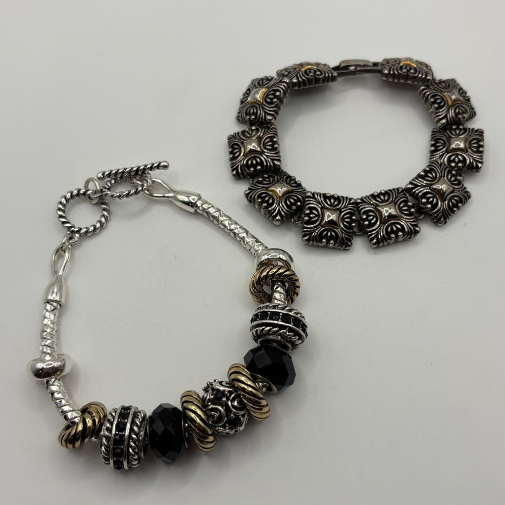 Lot of 2 Silver Tone Bracelets Slide Charms Toggle Link Unsigned